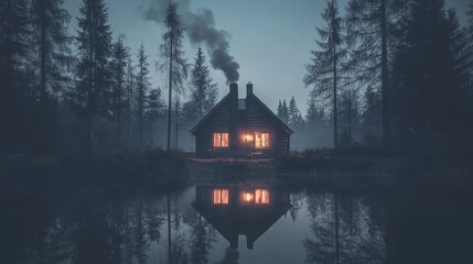 Fototapeta premium Secluded cabin reflecting in still lake at dusk, smoke rising from chimney.