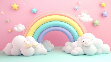 3D cartoon style, a rainbow in the sky surrounded by clouds, pastel colors, a pink, blue