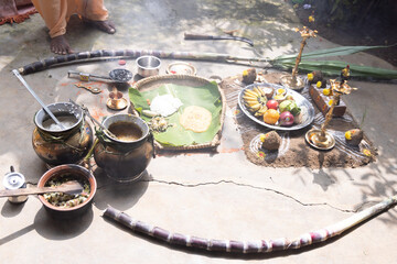 celebrating Traditional Thai Pongal festival to sun god with pot, lamp,wood fire stove, fruits and sugarcane. Making Sakkarai or sugar pongal and ven pongal in sand stove in traditional method.