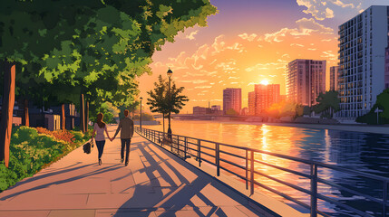 sunset over the city couple walking 