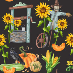 Seamless pattern of the autumn harvest with pumpkins, scarecrow, well, zucchini, corn, sunflower. Village life, nature, agronomy, agriculture. Farm products, healthy vegetables, gardening. Background