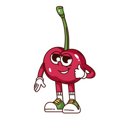 Groovy cherry cartoon character with thumbs up. Funny retro juicy red berry with OK gesture of approval and like. Fruit mascot, cartoon cute cherry sticker of 70s 80s style vector illustration