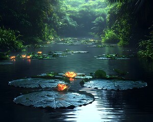 Enchanting Glowing Lily Pads in a Mysterious Tropical Rainforest Swamp with Serene Rippling Reflections