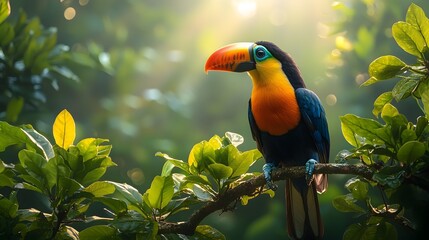 Vibrant Toucan Perched Amidst Lush Rainforest Foliage Calling Into the Distance