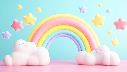 3D cartoon style, a rainbow in the sky surrounded by clouds, pastel colors, a pink, blue
