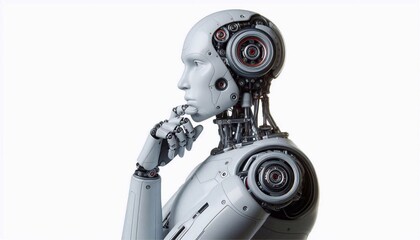 Naklejka premium Humanoid robot thinking, side view, isolated on white background