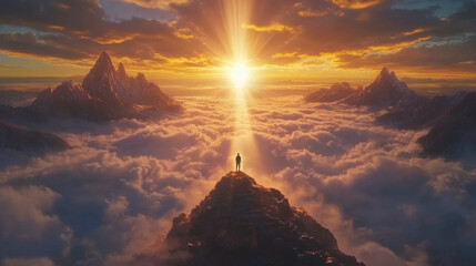 Majestic mountain landscape above clouds with radiant sunrise, creating breathtaking view. lone figure stands on peak, embracing beauty of nature