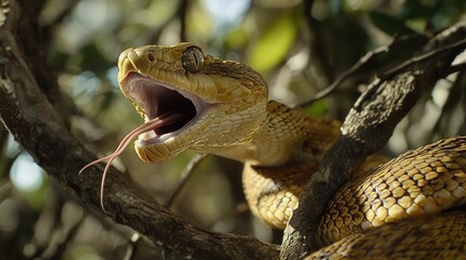Obraz premium Close-up of a yellow snake with its mouth open, tongue out, coiled on a tree branch.