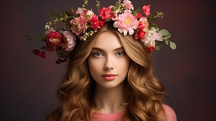 Naklejka premium A delicate and enchanting flower crown made with a beautiful assortment of Valentine s themed blossoms and lush greenery creating a romantic