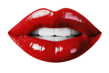 Woman's mouth with lips painted with deep red lipstick. Transparent background