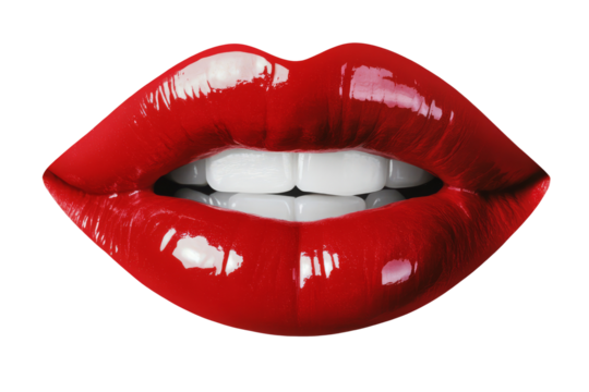 Woman's mouth with lips painted with deep red lipstick. Transparent background