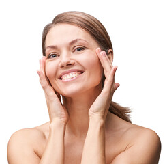 Smiling caucasian adult woman with natural makeup touching face against a white