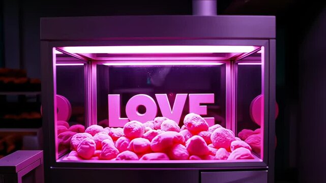 A claw machine with Love written on the front, featuring heart-shaped candies inside