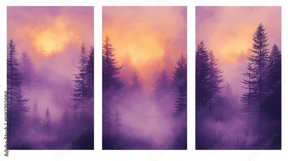 Canvas Prints Foggy purple forest triptych.