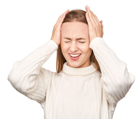 Caucasian young female experiencing headache with hands on head wearing white