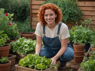 Young woman with curly red hair gardening fresh vegetables in a lush backyard garden