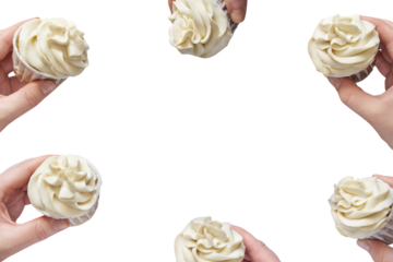 Six hands holding vanilla cupcakes in circle on black background