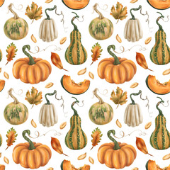 Cozy seamless autumn pattern with pumpkins, maple and oak leaves on a white background. Farm products, healthy vegetables, gardening. Hand drawing background for wrapping paper, textiles, design