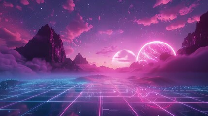 A digital illustration of a fantastical, alien landscape with glowing neon lines and a large, luminous orb in the sky, evocative of a retro-futuristic aesthetic.