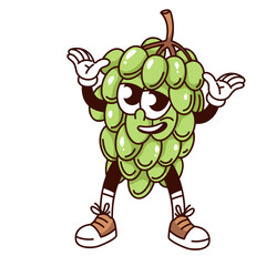 Groovy happy bunch of green grapes cartoon character with hands up. Funny retro joyful cluster of grapes. Fruit, welcome mascot, cartoon excited berry sticker of 70s 80s style vector illustration
