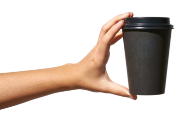 Female hand holding black disposable coffee cup isolated on white background