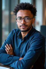 Obraz premium A young man with curly hair and glasses crosses his arms while seated in a bright cafe, gazing thoughtfully ahead - Generative AI