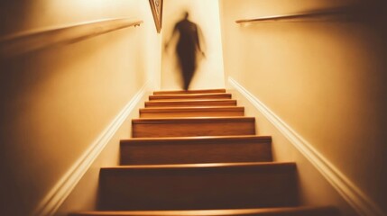 Fototapeta premium Ghostly Figure Floating on Staircase at Night in Haunted Old House, Mysterious, Eerie, Supernatural, Horror, Paranormal