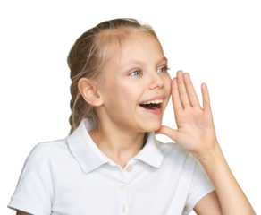 Caucasian young girl shouting cheerfully in white polo, expressive joy