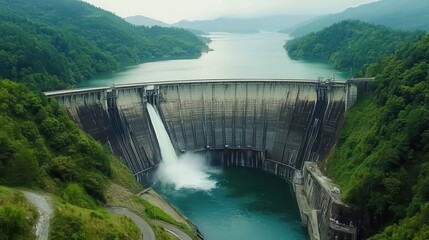 Stunning Aerial View of Large Concrete Dam Surrounded by Nature