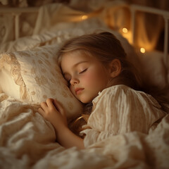 Cute little girl sleeping in a cozy bed at home