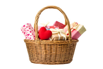 Valentine&rsquo;s Day Wicker Basket Filled with Gifts Isolated on White Background

