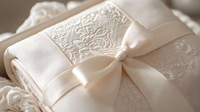 A close-up view of a name-embroidered blanket displayed in an elegant gift box, tied with a delicate ribbon, showcasing the intricate embroidery and thoughtful design 