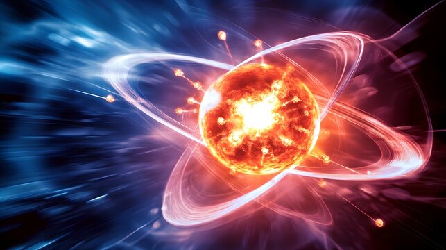 A close-up view of atomic isotopes undergoing fission, with subatomic particles in motion, including neutrons and protons, and energy waves propagating through the surrounding space 