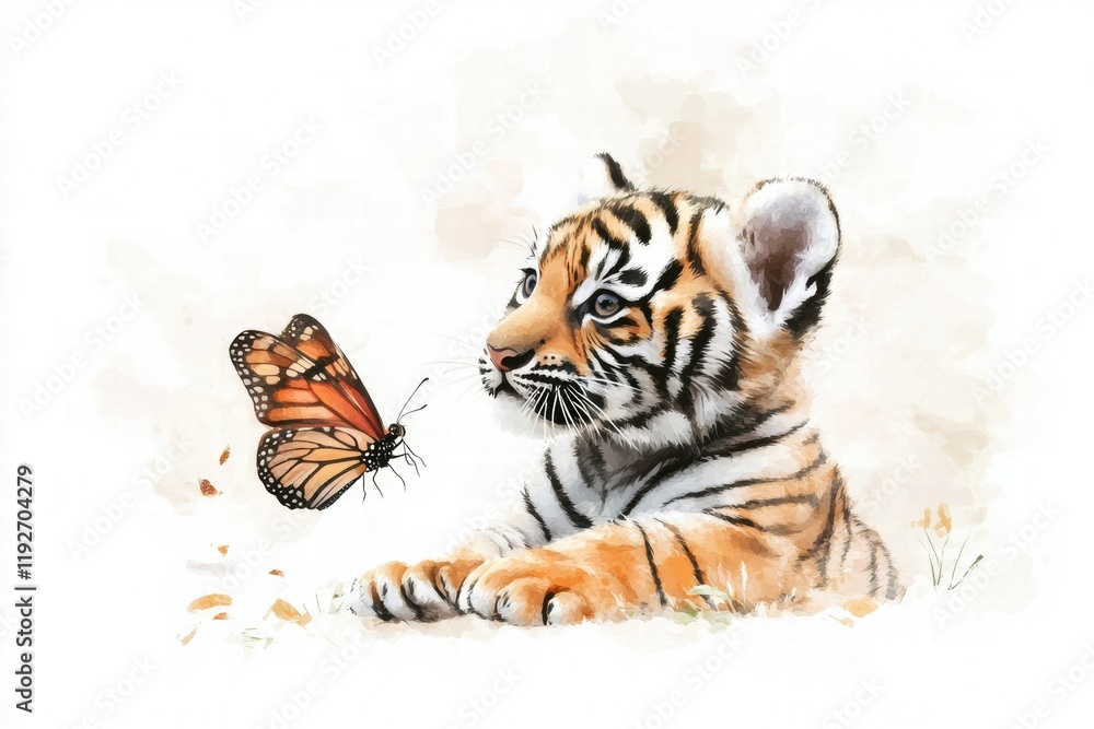 Aufkleber curious tiger cub gazing at a delicate butterfly in a serene natural setting. generative ai