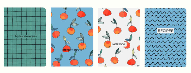 Cover page vector templates for recipe books based on seamless patterns with hand drawn apples, pears, plums. Cookery books cover layout. Healthy fruit, vegan food concept