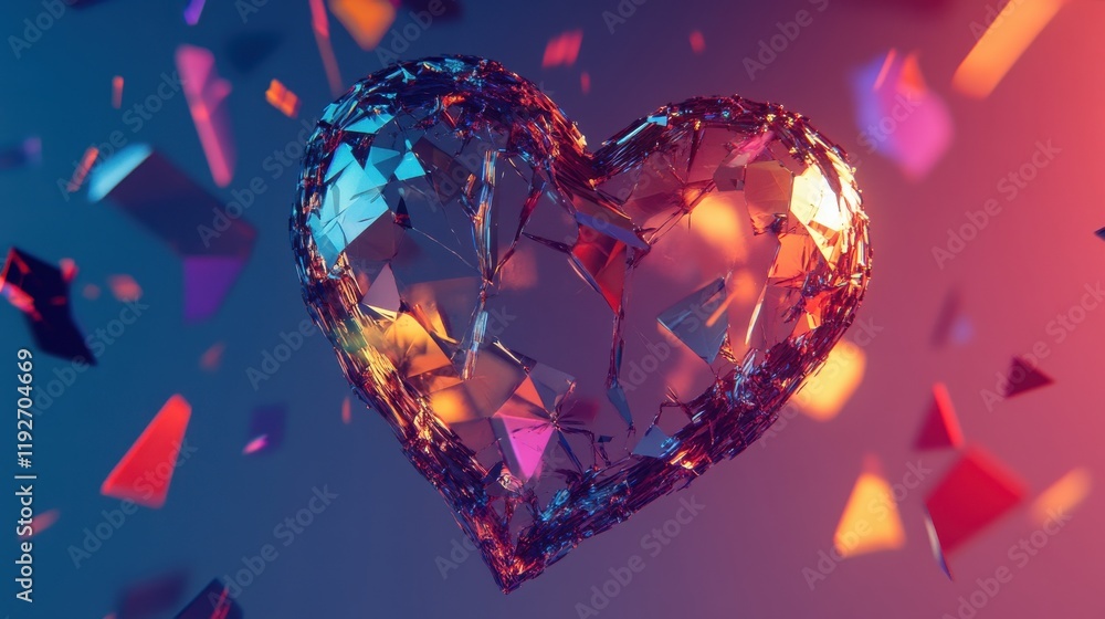 Poster Crystal heart with colorful reflections and floating fragments in vivid light