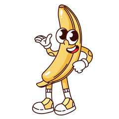 Groovy banana cartoon character standing with funky expression. Funny retro cute yellow tropical fruit in peel. Summer food mascot, cartoon cool banana sticker of 70s 80s style vector illustration