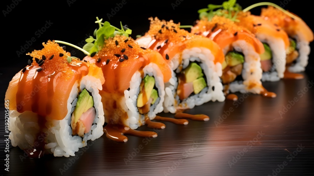 Poster closeup view of a delicious sushi roll filled with fresh salmon and creamy avocado creating a visual
