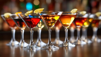 Variety of Colorful Cocktails Lined Up on the Bar, Refreshing, Vibrant, Party, Nightlife, Celebration, Mixology