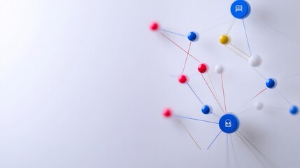 Colorful pushpins creatively connect forming a vibrant network on white background. AI Generated