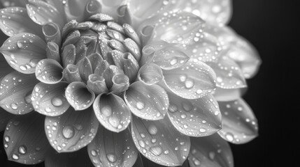 Close-up monochrome dahlia with water droplets.