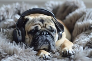 The Pug wearing headphones listening to music