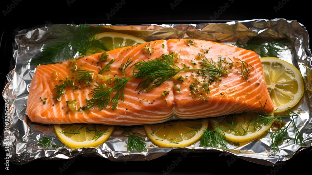 Poster closeup of a succulent salmon fillet topped with fragrant dill sprigs and thin slices of lemon ready