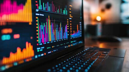 Obraz premium Close-Up of Computer Screen with Interactive Dashboard Showing Graphs, Charts, and Data Visualizations for KPI Analysis, Business Strategy, Data Analytics, Technology, Corporate Decision-Making