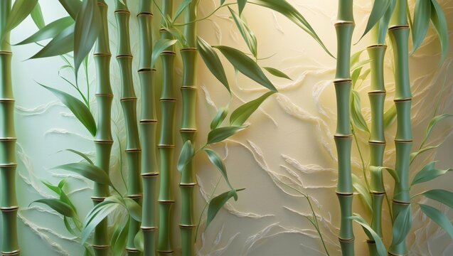 Lush green bamboo stalks gracefully rise against a softly textured background, creating a serene atmosphere of tranquility and nature-inspired beauty