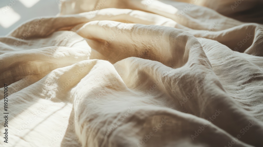 Poster softly textured natural fabric in subtle beige tones captured with diffused daylight creating gentle