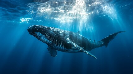 Fototapeta premium Humpback Whale Swimming in Sunlit Ocean Depths