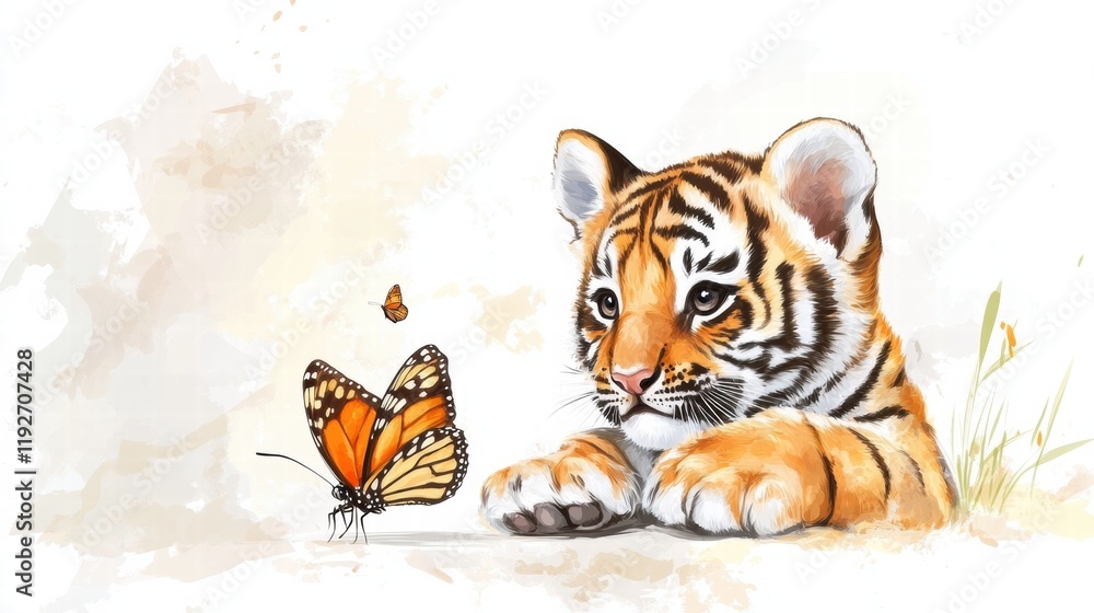 Poster young tiger curiously observes a butterfly in a lush environment during a serene afternoon in a whim