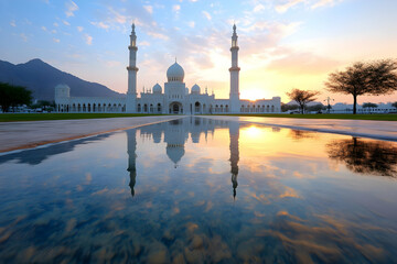 Majestic mosque reflecting in tranquil water at sunrise, mountains in background; ideal for travel, religious, and architectural publications