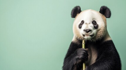 Naklejka premium Giant panda holding bamboo against a green background with curious expression